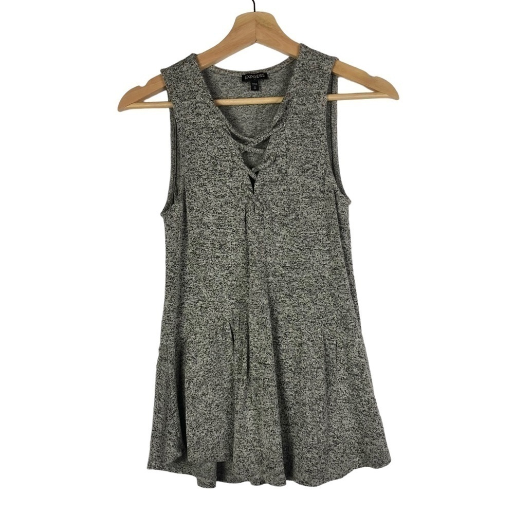 Express Gray Knit Criss Cross‎ Neck Flared Hem Tank Top XS